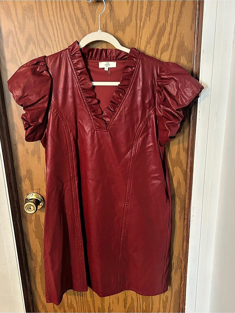 entro Faux Leather Puff Sleeve Ruffled V-Neck Dress Medium
